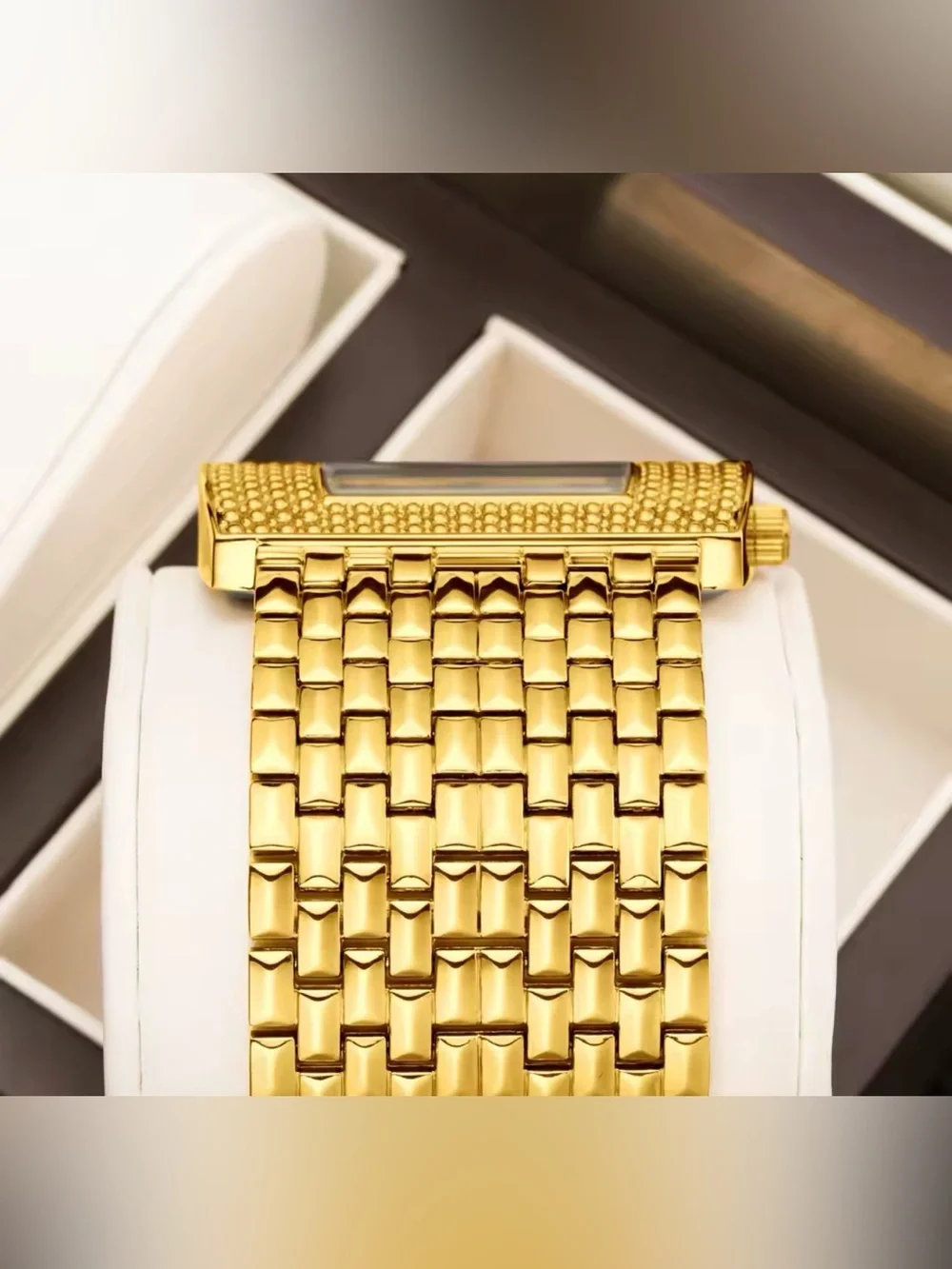 YaLaLuSi Gold Tone Rectangular Rhinestones Bracelet Watch with Black Dial